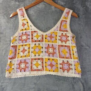 Boho Crochet Granny Square Tank‎ Top Women's Yellow XS Rebellion Signature Knit